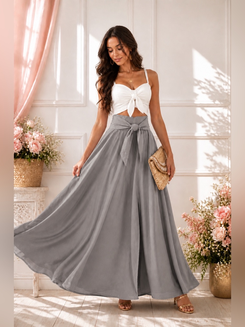 Women’s High-Waist Tie Front Maxi Skirt in Gray